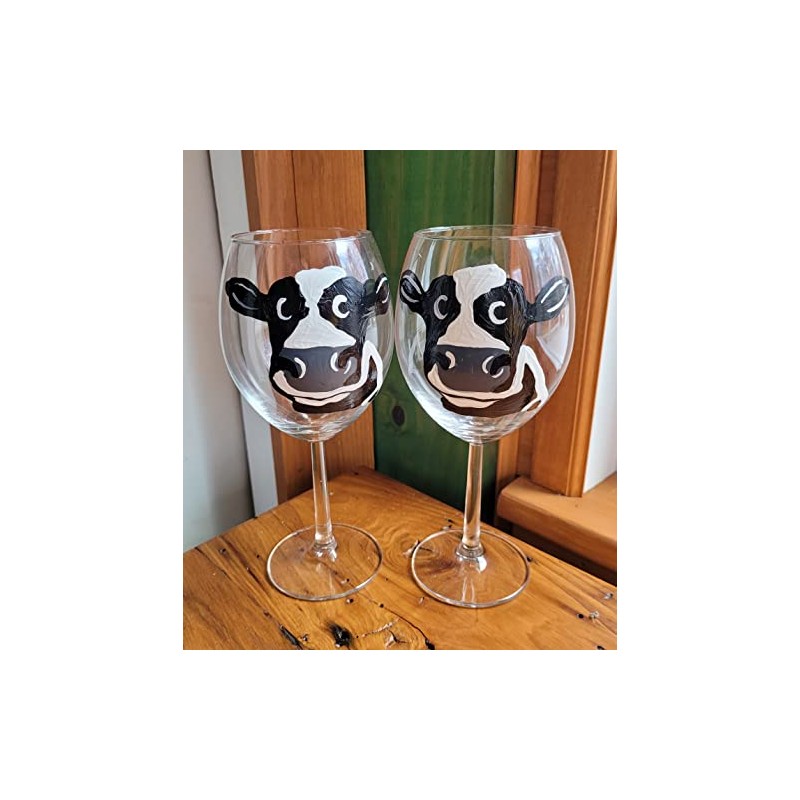 Dairy Cow Hand Painted Stemmed Wine Glasses Set of 2