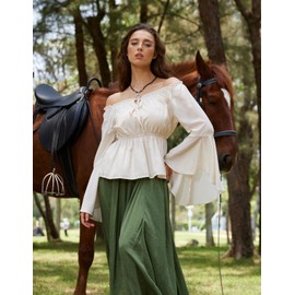 Pirate Costume Women Off Shoulder Renaissance Pirate Blouse Casual Loose Peasant Tops Beige M