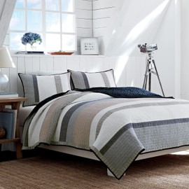 Nautica Home Tideway Collection - Quilt - 100% Cotton Light-Weight Reversible Bedding, Pre-Washed for Extra Comfort, King, Tan/Grey
