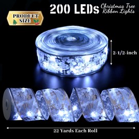 Christmas Decorations - 2.5Inch x 66Ft 200 Led Christmas Tree Ribbon Lights with 8 Lighting Modes, Battery Operated & USB Powered Fairy String Lights with Timer for Xmas Tree Decor