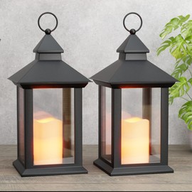 AFINETH 14" Lanterns Decorative Indoor, 2 Pack Black Lantern Decor with Timer Flameless Candle, Vintage Farmhouse Outdoor Lanterns, Waterproof Hanging Lantern for Patio, Porch, Entryway, Centerpieces