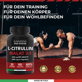 Bandini® L-Citrulline Malat 2:1 | 3000 mg Citrulline (1000 mg per tab) High Dose | Citrulline From Vegetable Fermentation | Pre Workout - Muscle Building | No Additives, Vegan, Laboratory Tested | 90