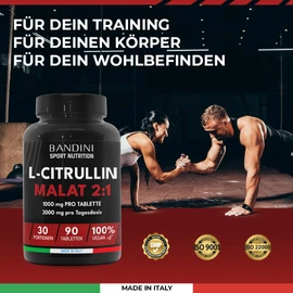 Bandini® L-Citrulline Malat 2:1 | 3000 mg Citrulline (1000 mg per tab) High Dose | Citrulline From Vegetable Fermentation | Pre Workout - Muscle Building | No Additives, Vegan, Laboratory Tested | 90