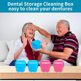 Pack of 2 Braces Cleaner, Prosthesis Box, Dental Box, Storage Box, Braces Box, Denture Box, Denture Container with Hanging Sieve for False Teeth Storage Cleaning - Blue & Pink