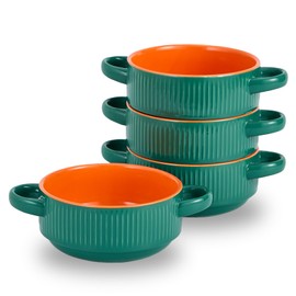 Hoilse Ceramic Soup Bowls with Handles, 20 oz French Onion Soup Bowls Set of 4, Stackable Soup Crocks for Soups, Chili, Beef Stew, Microwave and Oven safe - 5.4inch, Green