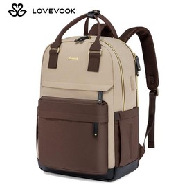 LOVEVOOK Laptop Backpack with USB Port, Backpack Purses for Women, Ideal Travel Backpacks for College, Work, Nursing, Travel, School Backpack, and Personal Item:_Khaki-Coffee-Black_17.3" - 12.8"L * 19"H * 7.7"D
