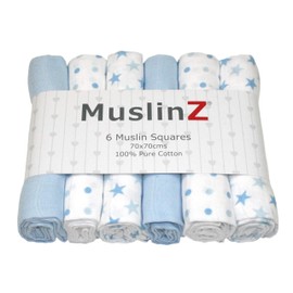MuslinZ 6pk Baby Muslin Squares Burp Cloths 100% Pure Soft Cotton 70x70cm Blue Stars