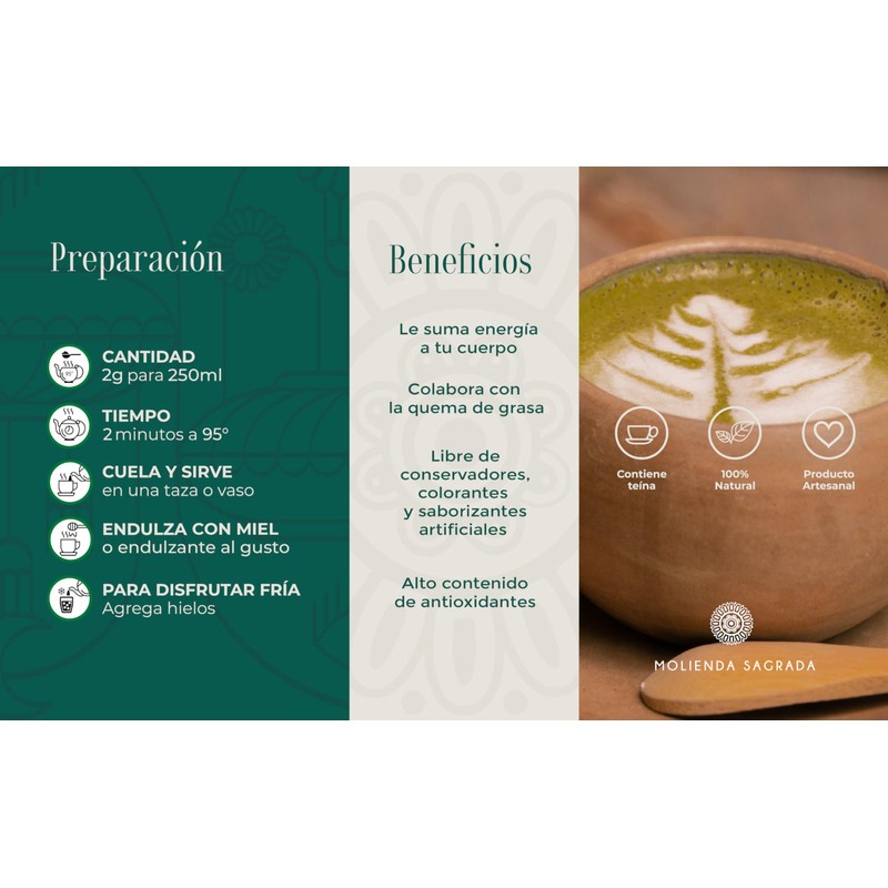 Molienda Sagrada, Té Verde Matcha Puro Orgánico Calidad Premium, 150