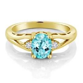 Gem Stone King 18K Yellow Gold Plated Silver Blue Apatite and White Lab Grown Diamond 3 Stone Engagement Ring For Women | 1.28 Cttw | Oval 8X6MM | Round 2MM | Gemstone Birthstone | Size 7