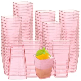 Mifoci 5 oz Plastic Dessert Cups Appetizer Cups for Parties Mini Square Disposable Dessert Bowls Clear Parfait Bowls for Pudding Fruit Yogurt Ice Cream Mousse(Pink,100 Pcs)