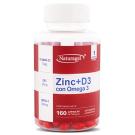 ZINC + D3 | Naturagel Zinc con Vitamina D3 y Omega 3 | Bienestar General, Refuerzo para los huesos y Defensas Naturales | 160 Softgels de 700 mg