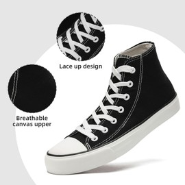 Women’s Men’s Canvas Shoes Ladies High Top Trainers Fashion Plimsolls Casual Lace Up Walking Sneakers Black&White 250