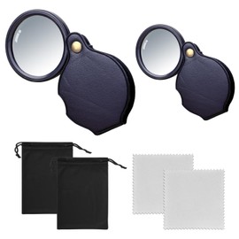 Pack of 2 10x Magnifier, 2 x Cleaning Cloth and 2 x Storage Bag, Foldable Leather Magnifying Glass with Protective Case, Suitable for Reading Books, Newspapers