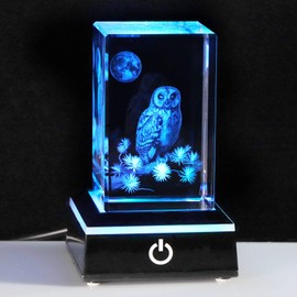 Kertari Birthday Present for Women, Men, Popular, Owl Figurine, Genuine K9 Crystal, Owl Decoration, LED Light Base, USB Charging, Entryway, Good Luck Goods, Feng Shui Lucky Object