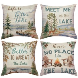 JAERUE Lake Life Decorative Pillow Covers Better to Wake at The Lake Cushion Covers Lake Theme Quotes Throw Pillow Cases Cabin Lake House Decor 18x18 Inches 4Pack for Couch Sofa (Beige/Blue)