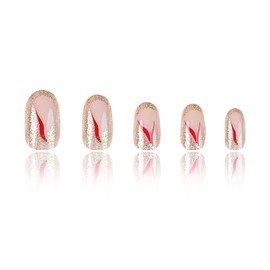 Press on Nails Short Oval Fake Nails Glitter Acrylic Nails Red Line False Nails Glossy Artificial Nails Full Cover Glue on Nails for Women Manicure Nails Decoration 24Pcs