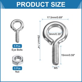 sourcing map 5 Pack Eye Bolts, M5 x 15mm 304 Stainless Steel Threaded EyeBolt Silver Eye Hooks with Nut for Hanging or Securing Cables
