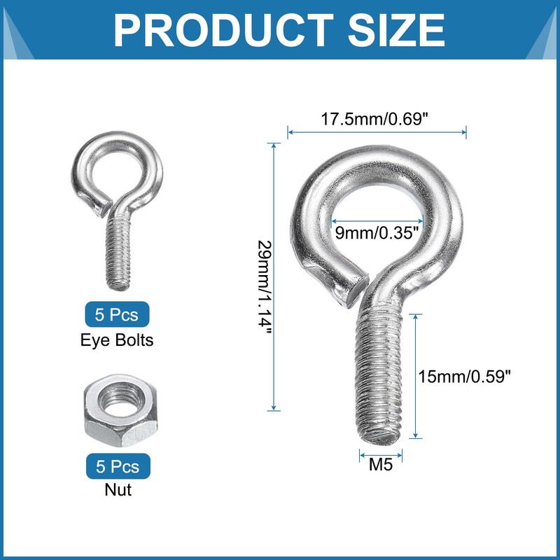 sourcing map 5 Pack Eye Bolts, M5 x 15mm 304