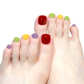 YONAIL Short False Toenail Tips Press On Toenails for Women and Girls Acrylic Fake Toenails Art Tips with Glue Stick On Toenails Artificial Feet Nails Pedicure 24pcs/set