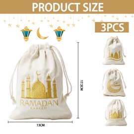Pack of 3 Ramadan Bags, Eid Mubarak Bags, Gift Bags for Ramadan Decoration, Ramadan Gift Bags Made of Cotton, Gift Bags for Filling for Muslim Ramadan Decoration Party