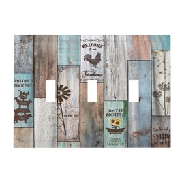 Vintage Farmhouse Rustic Wood Plank Western Barn Door 3 Gang Artistic Light Switch Covers Decorative Triple Toggle Wall Plate 3 Hole Electrical Device Switchplate Faceplate for Country Bathroom Decor