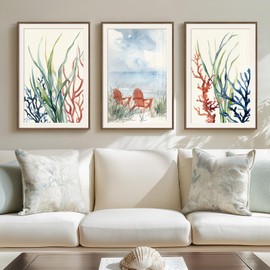 Framed Coastal Colorful Coral Wall Art for Living Room, 3 Piece Beach Ocean Seascape Artwork for Walls, Large Watercolor Marine Plants Pictures Prints for Bedroom Hallway Kitchen Wall Decor, 16x24 In