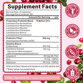 Vaginal Probiotics for Women, 70 Billion CFU for Vaginal Health, pH Balance, Urinary Tract, Digestive with Prebiotics, Organic Cranberry & D-Mannose for Vaginal Odor & Flora Supplements - 60 Capsules
