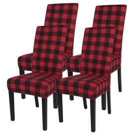 SearchI Fundas navideñas para sillas Juego de 4, elásticas para Sillón sin reposabrazos de Navidad, Removibles y Lavables, Fundas para Silla Parsons Comedor, decoración navideña(Cuadros Negro/Rojo)
