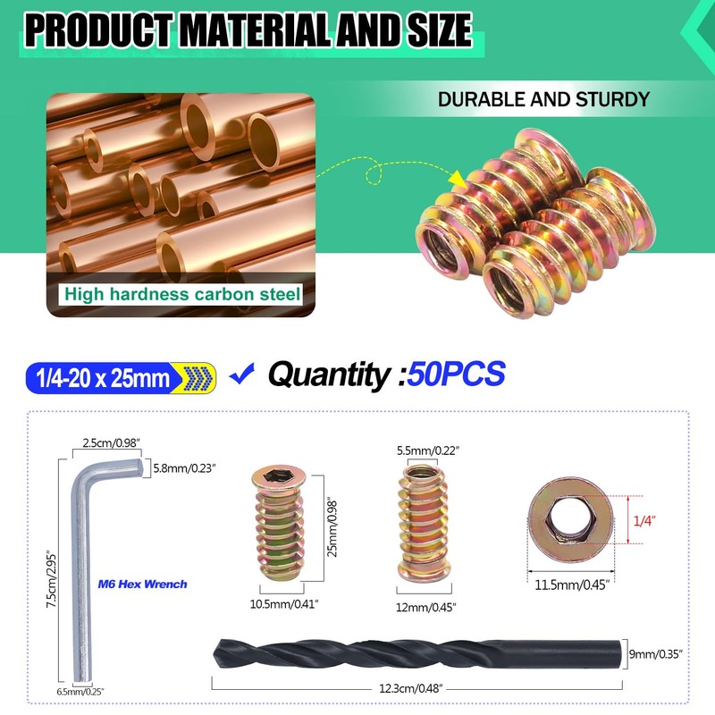 Twidec/50PCS 1/4"-20 Threaded Inserts for Wood Furniture Screw-in Nut Wood