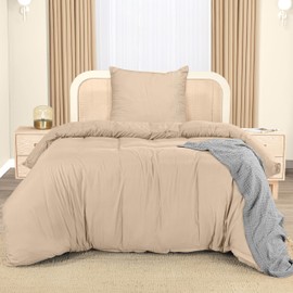 Utopia Bedding Bed Linen 135 x 200 cm Set - Microfibre Duvet Cover 135 x 200 cm + 1 Embroidered Pillowcase 80 x 80 cm - Beige