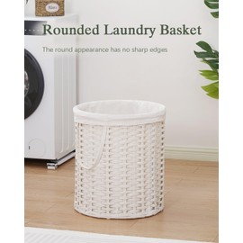 SETVSON Laundry Hamper Round Laundry Basket 26.5 Gal (100L) Rattan Laundry Hamper, Handwoven Wicker Laundry Basket with Handles Removable Laundry Bag 2 Mesh Bags for Bedroom Laundry Room White
