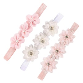 3Pcs Cute Baby Girl Flower Hairband Delicate Newborn Toddler Flower Elastic Hairband Stretchy Beautiful Infant Pearl Flower Headbands for Newborn Hair Accessorie
