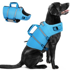 Queenmore Dog Life Jacket, XL Dog Life Vest,High Floating Pet Life Vest for Swimming,Lightweight Adjustable Puppy Life Preserver for Boating,Dog Water Vest with Back Zip,Rescue Handle,Hook (Blue XL)