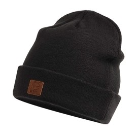 CLAPE Winter Beanie Hat Men's Leather Patch Knitted Hat Acrylic Trawler Knit Hat Soft Warm Fine Knit Hat Cuffed Watch Hat, OG06-Black