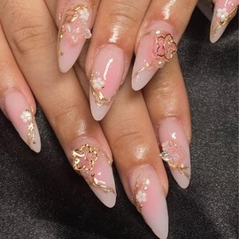 5D Embossed Floral Press on Nails Medium Almond with Spring Summer Pink Gradient Flower Design Pearl Metallic Lines Acrylic Full Cover Glossy Fake Nails for Women Girls Manicure DIY Decoration 24pc