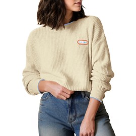 Saodimallsu Womens Fall Knit Sweaters Casual Long Sleeve Crewneck Good Vibe Loose Pullover Sweater Tops Beige
