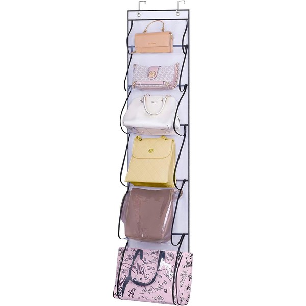 MISSLO Over Door Hanging Handbag Organiser Storage For Wardrobe Dust Bags for Handbags with 6 Different Size Pockets, Caps, Purses, Scarves, Towel, Gift Accessories Holder(White)