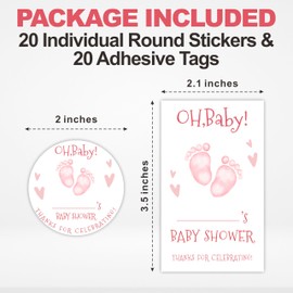 40 Pcs Baby Footprint Stickers Set - Thanks for Coming - 20 Round Stickers & 20 Adhesive Tags for Gift Wrapping, Envelope Seals, Party Bag Stickers, Party Favor & Supplies (Pink) - A05