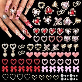 220 Pcs Gold Nail Charms and Bow Heart Acrylic Nail Art Charms, Love Nail Rhinestone and Charms, Pink Red Hearts Bowknot Junk Case Charms for Nails Design, Y2K Nail Pearls Gems for Nails Art DIY
