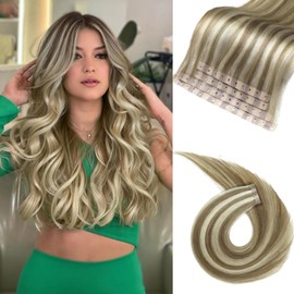 Remy Human Hair Extension Micro Bead Weft Hair Extensions Real Human Hair PU Invisible Weft Human Hair Extensions Highlight Blonde 9A/P60 Tape in Weft in Hair Extension for Women (30g 4Pcs,14 Inch)