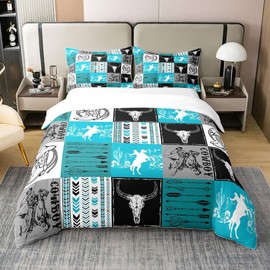 Castle Fairy Full Size Duvet Cover Cowboy 100% Pure Cotton Comforter Cover Bull Skull Horse Arrow Bedding Set with 2 Pillowcases for Teens Adults Geometric Grid Blue Plaid Quilt Cover(No Comforter)