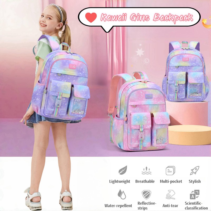 Girls Preschool Backpacks Gradient Heart-Star, Elementary School Bags for Girls,