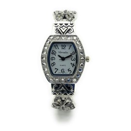 VERSALES Varsales Ladies Vintage Style Decorated Metal Bangle Cuff Fashion Analog Quartz Watch with Rhinestones White Dial with Easy to Read Black Numbers Black Hour Minute Second Hands (Silver)