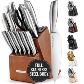 Zulay Premium Quality 15-Piece Knife Set with Natural Wood Block, Ultra Sharp, One-Piece Design Stainless Steel Knives Engineered for Precision Cutting, Durable and Rust-Proof, with Built-in Sharpener