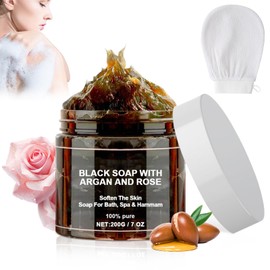 Morocco Black Soap With Argan And Rose, Exfoliating Soap Bar for Body & Face, Deep Cleansing & Nourishing with Exfoliating Glove