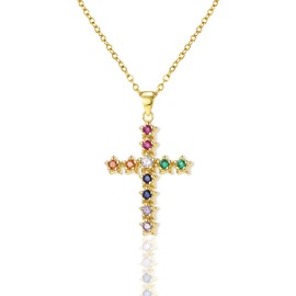 Agriajun Rainbow Star Gold Cross Pendant Necklace for Women - Daily Essential Link Chain Catholic Stainless Steel Hypoallergenic Valentines Family Jewelry