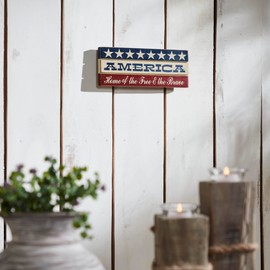 VHC Brands Patriotic AMERICA Home Of The Free And The Brave w/Stars On Blue Stripe MDF Sign 3.5x9, Independence Day Decor, Decorative Sign, Rustic Farmhouse Fourth of July Decorations