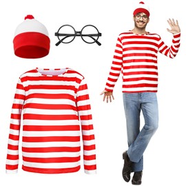 Moiuguli Adult World Book Day Costume Long-Sleeved Red and White Striped T-Shirt, White & Red Bobble Hat, Round Glasses Carnival World Book Day Costumes Fancy Dress for Men (M)