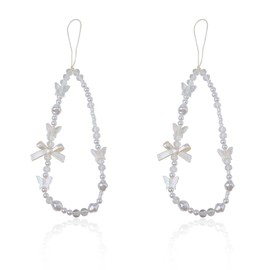 2pcs Bow Phone Charm, White Beaded Phone Chain Bow Cute Beaded Pearl Phone Bracelet Strap Anti-Lost Beaded Cell Phone Lanyard for Woman