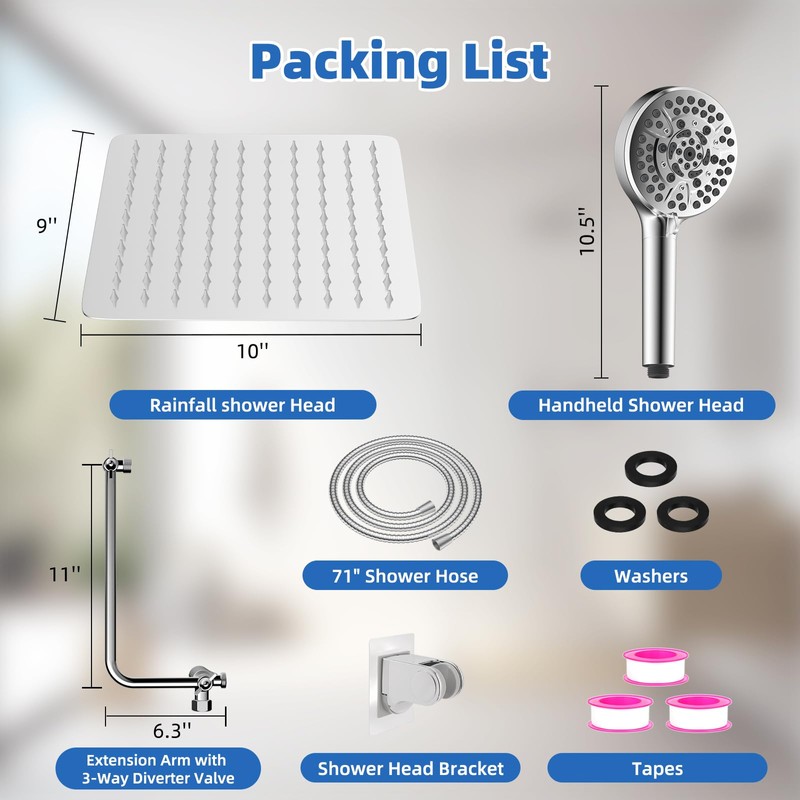 All Metal Shower Head, 10" High Pressure Rainfall/Handheld Shower Combo